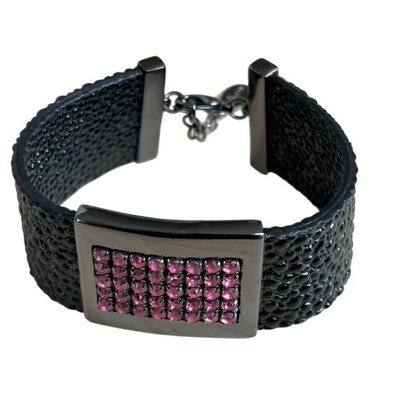 GUESS Black and Pink Crystal Statement Bracelet - Wide Band - Picture 4 of 8